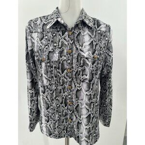 BALMAIN PARIS Women's Snakeskin Print Button Up Blouse Black White Knit Large